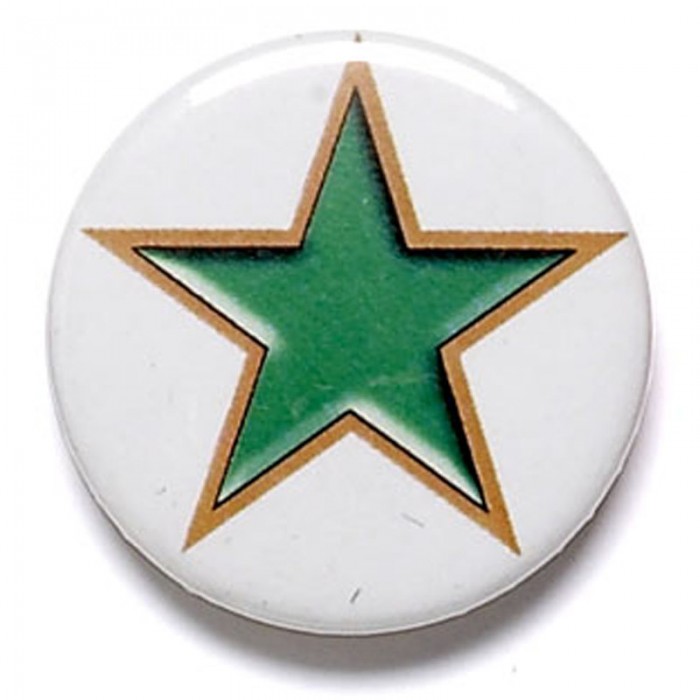 WHITE CIRCULAR 25MM FLAT PIN  BADGE WITH GREEN STAR 